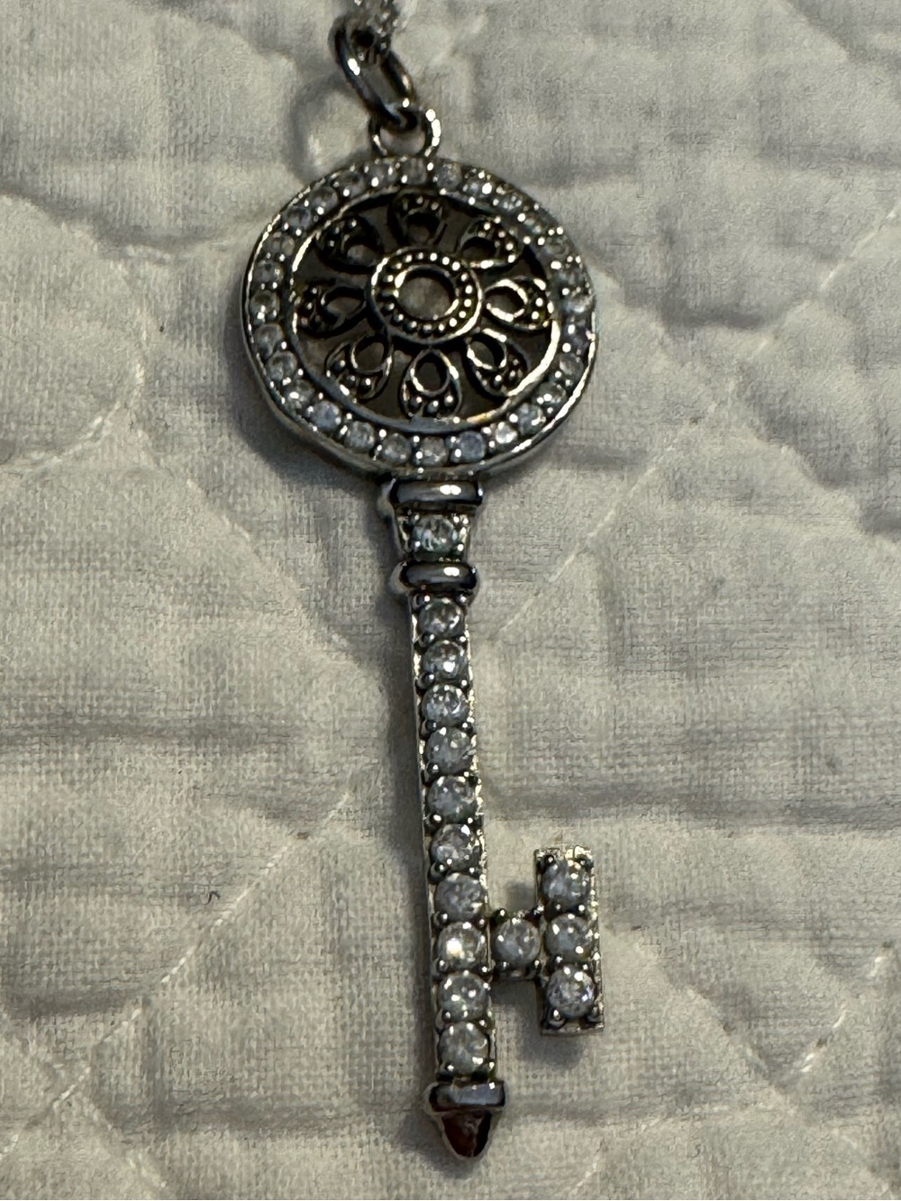 Crystal Skeleton Key Pendant Necklace 925 Silver Pendent & 18” 925 Chain